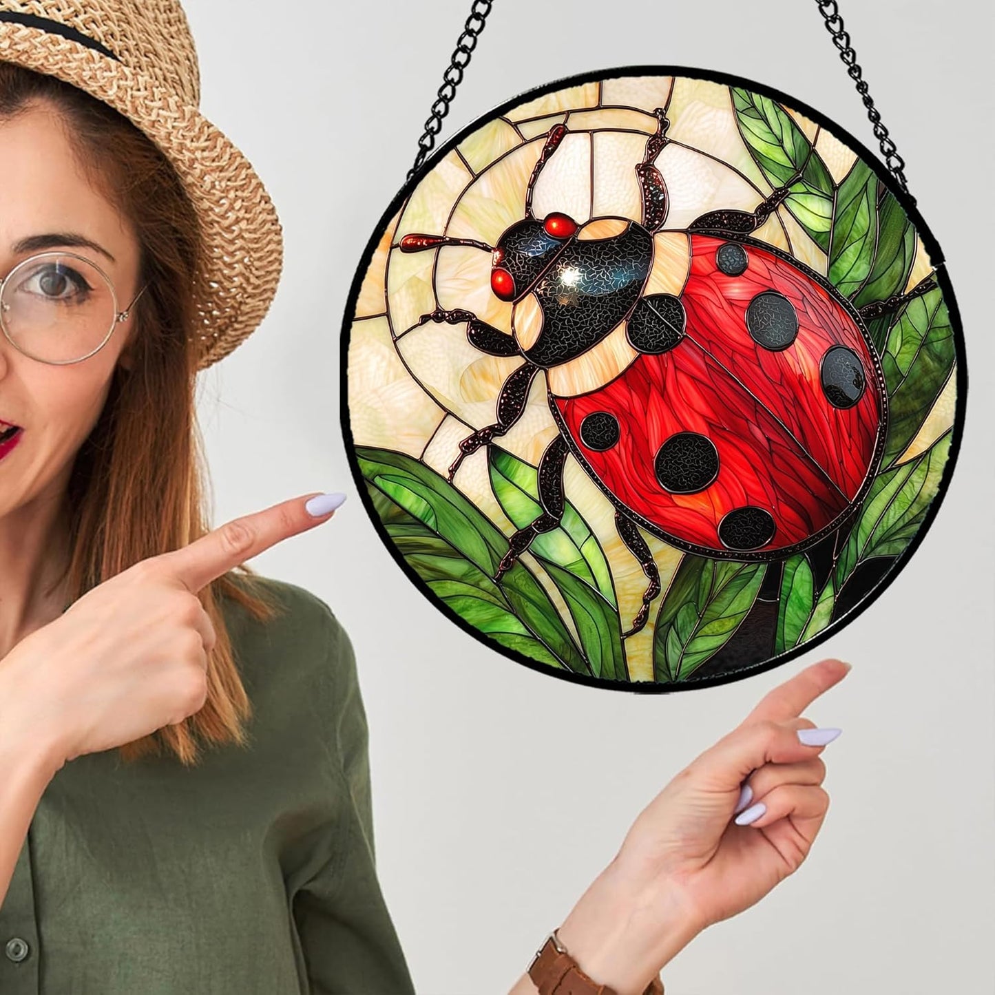 Stained Glass Window Hanging - Red Seven-Spotted Ladybug Sun Catcher for Door Home Decor Insect Suncatcher Christmas Mother's Day Birthday Gifts for Women Men Mom Nana 11.8 in