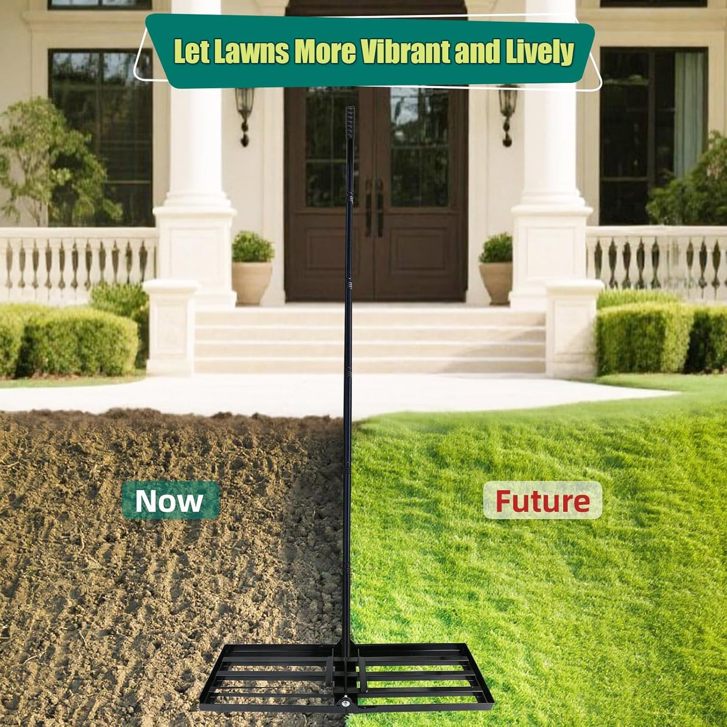 Lawn Leveling Rake 17 x 10 Inch Stainless Steel Heavy Duty Ground Leveler, Flipping-Resistant Smooth Edge, Adjustable Handle 28–60 Inches for Backyard Landscape, Garden, Golf Course, Farm, Pasture.