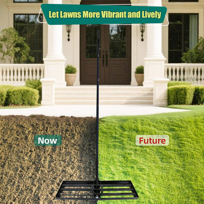 Lawn Leveling Rake 17 x 10 Inch Stainless Steel Heavy Duty Ground Leveler, Flipping-Resistant Smooth Edge, Adjustable Handle 28–60 Inches for Backyard Landscape, Garden, Golf Course, Farm, Pasture.