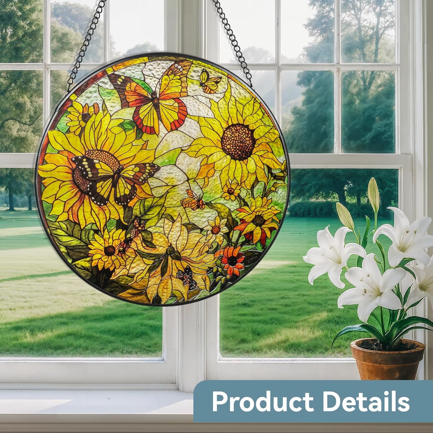 Suncatcher Stained Glass Window Hanging - Sunflower Glass Panel with Metal Chain and Hooks Handmade Sun Catcher Decoration for Window Garden Home Christmas & Birthday Gifts (8 Inch)