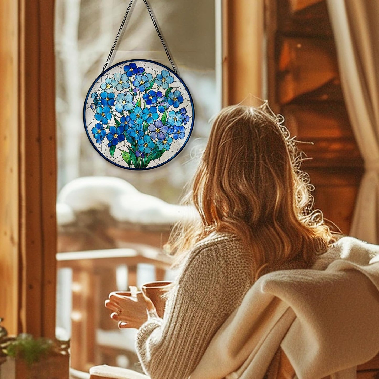 Blue Forget Me Not Flower Suncatcher Stained Glass Window Hanging, Blue Flower Sun Catchers Indoor Window Glass Round Wall Decor, Floral Wall Art Hanging Decorations, ＂7.8x7.8＂
