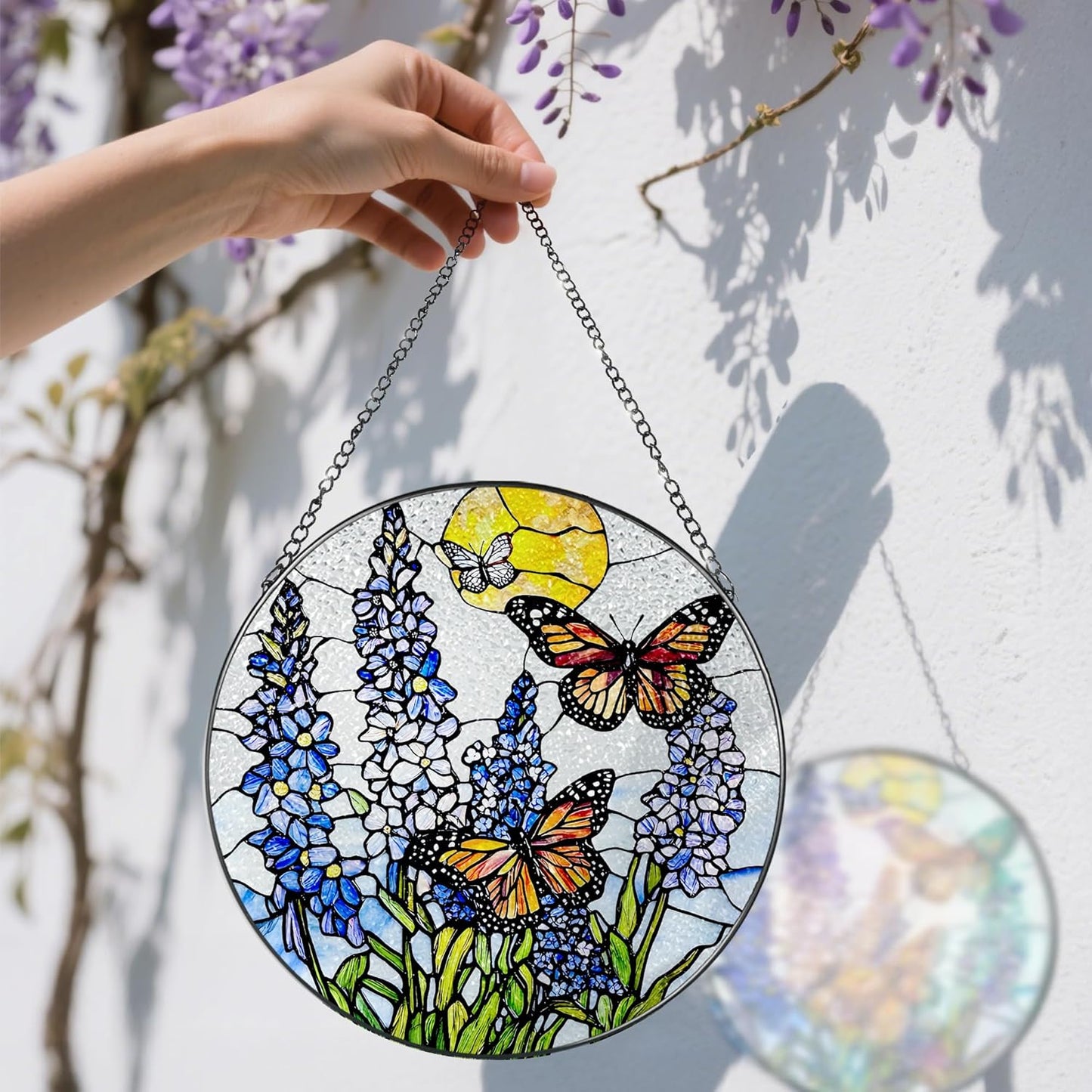 Stained Glass Window Hanging, 8 Inch Lavender & Butterfly Sun Catcher Decor, Stained Glass Ornament, Suncatchers for Windows Hanging, Window Decor, Gifts for Butterfly Lovers, Flower Lovers Gifts