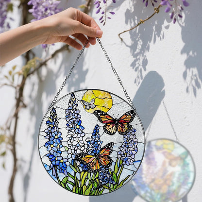 Stained Glass Window Hanging, 8 Inch Lavender & Butterfly Sun Catcher Decor, Stained Glass Ornament, Suncatchers for Windows Hanging, Window Decor, Gifts for Butterfly Lovers, Flower Lovers Gifts