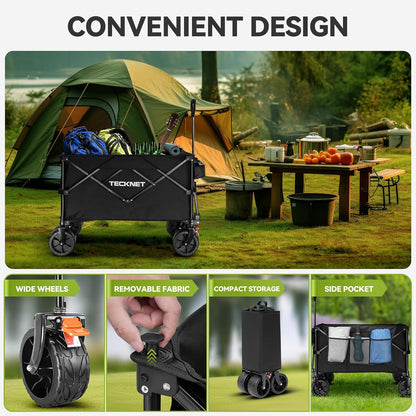 TECKNET Collapsible Foldable Wagon Cart, 150kg/330Lbs Weight Heavy Duty Folding Wagon with All-Terrain Big Wheels, Utility Wagon with Side Pocket for Grocery, Shopping, Sports, Garden, Camping