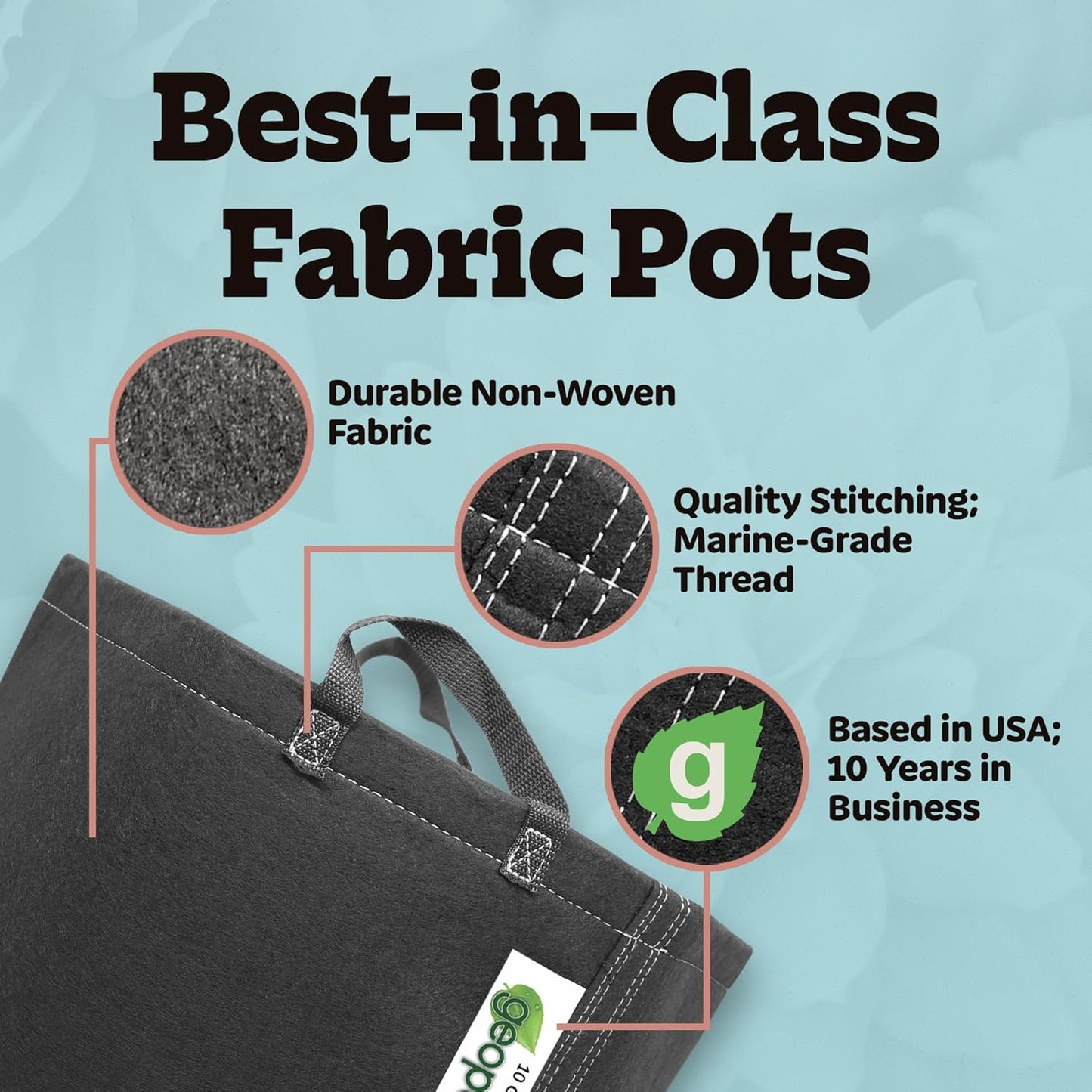 GeoPot 10 Gallon Fabric Grow Bags with Handles - 5-Pack - Black - Aerated - Indoor/Outdoor