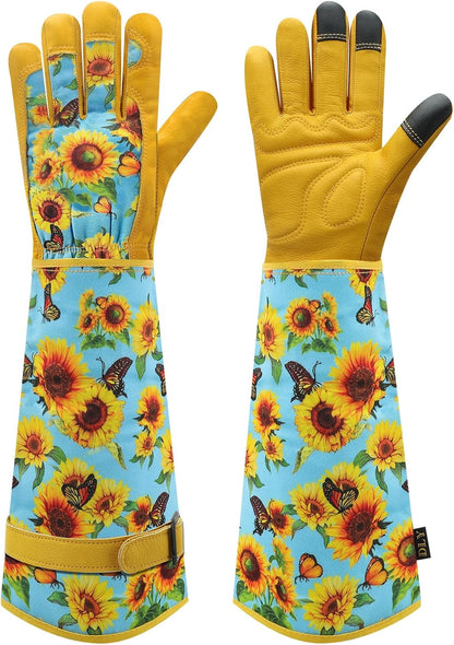 DLY Gardening Gloves for Women, Rose Gloves Gardening Thorn Proof, Long Garden Gloves for Women, Breathable Cowhide Leather Gauntlet (Large, Blue)