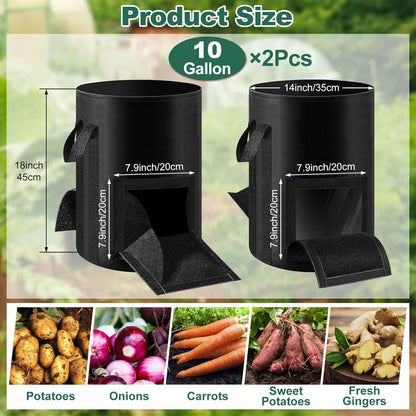 Lezmarket 2 Pack 10 Gallon Potato Grow Bags, Nonwoven Fabric Garden Planters with Reinforced Handle, Large Pots for Potato, Vegetable and Outdoor Plants