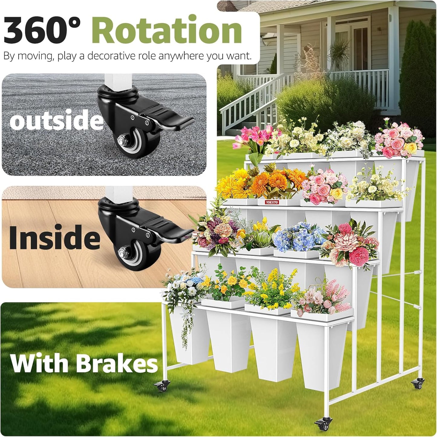 Flower Display Stand 4 Layers with 16 PCS Square Buckets, Plant Stand with Wheels, Movable Metal Plant Stand for Terrace Garden, Living Room, Florist Shop