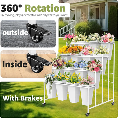 Flower Display Stand 4 Layers with 16 PCS Square Buckets, Plant Stand with Wheels, Movable Metal Plant Stand for Terrace Garden, Living Room, Florist Shop