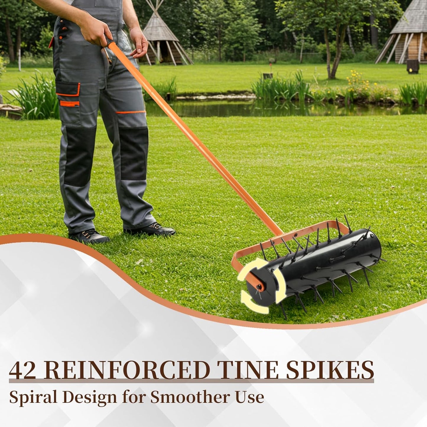 VINGLI Lawn Aerator, 17 inch Heavy Duty Lawn Aerator Tool, Rolling Aerator Lawn Tool with 42 Spikes for Garden Yard Patio Maintaining, Orange & Black
