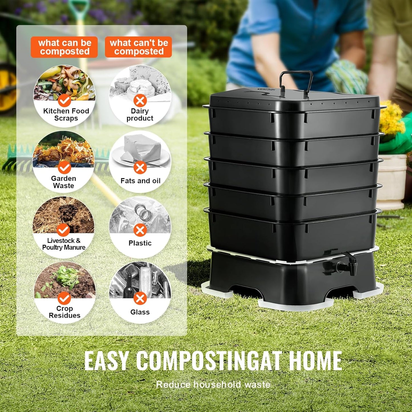 VEVOR 5-Tray Composter, 50L Worm Compost Bin - Indoor/Outdoor Worm Farm Kit for Food Waste Recycling, Vermicomposting & Vermiculture