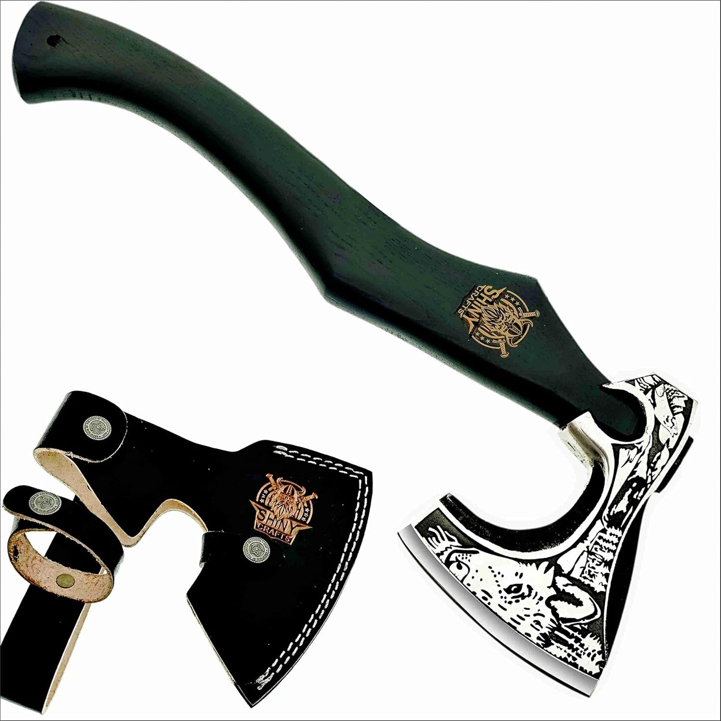 SHINY CRAFTS-Viking Axe Mens Axes Gifts for him Hatchet with Leather Sheath-Handmade Viking Axe with Carbon Steel Head Ashwood Handle Viking Gifts for Men with Premium Quality Leather Sheath (SCA 23)