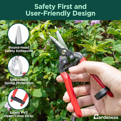 Gardeness 12 PCS Straight SK5 Steel Pruning Shear Garden Scissor Flower Leaf Trimmer Floral Fruits Picking Ultra Sharp Gardening Snips Bonsai Cutter Durable Effort-saving Clippers, Hand Pruners