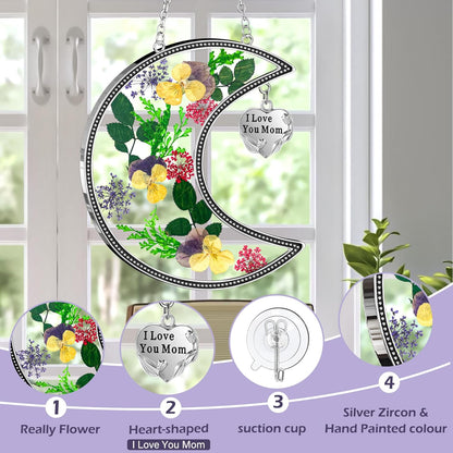 KY&BOSAM Moon Suncatcher Mom Gifts Stained Glass for Window Hangings Wind Chimes Decor with Pressed Real Flower and Metal I Love You Mom Heart Charm Birthday Gift for Women Mother`s Day Christmas