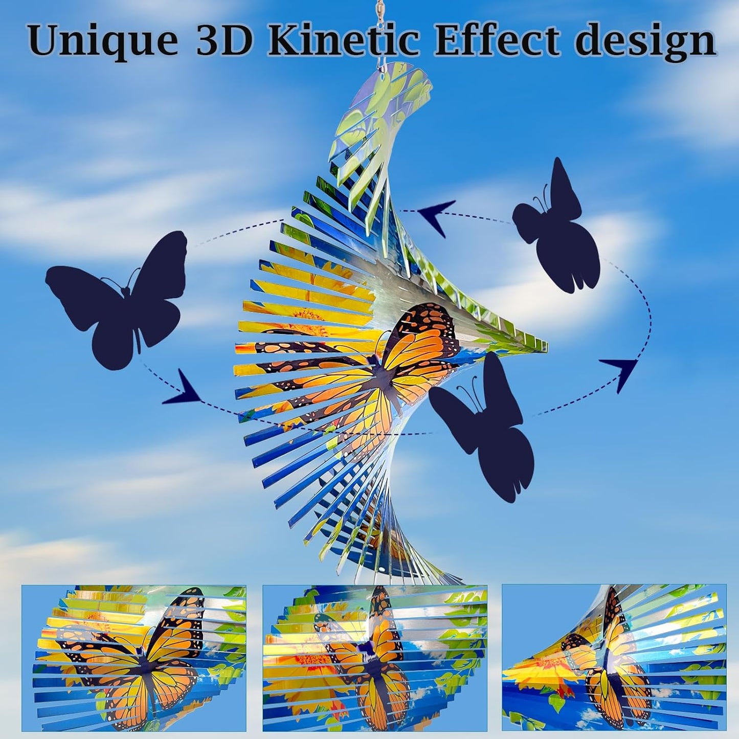 15In 3D Butterfly Wind Spinner - Creates Fluttering Effect, Outdoor & Indoor Hanging Garden Decor, Kinetic Yard Art Ornament - Gift for Women/Mother/Father/Men
