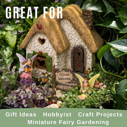 PRETMANNS Fairy House Kit - Fairy Garden Accessories for Outdoor Miniature Village Decor, with Fairies & Sign - House, 7’ High & Door can Open Wide - 4 Piece Supplies