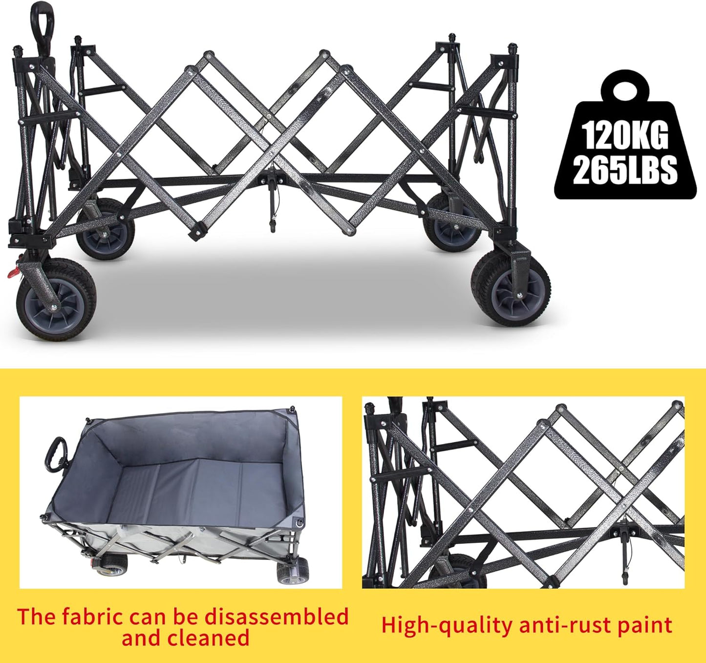 TMZ Collapsible Wagon 445L Extra Large Outdoor Utility Cart, Heavy Duty Carts Foldable with All-Terrain Big Wheels, Canopy and Brakes, Utility Beach Wagon for Outdoor Garden (Gray)