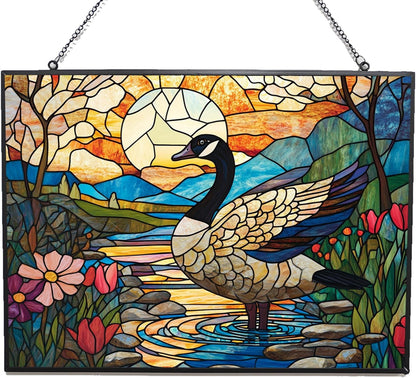 Customized Rectangle Boho Goose Doing Tai Chi Stained Glass Window Hanging Suncatcher Stained Glass Home Decor Garden Halloween Christmas Party Wedding Housewarming Gifts