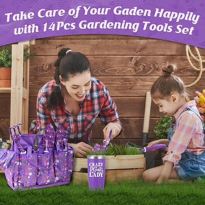 Gardening Gifts for Women, Gardening Tools for Women, 14 PCS Garden Tools Set Kit with Garden Tool Bag, Plant Lover Christmas Birthday for Mom Grandma Aunt, Purple