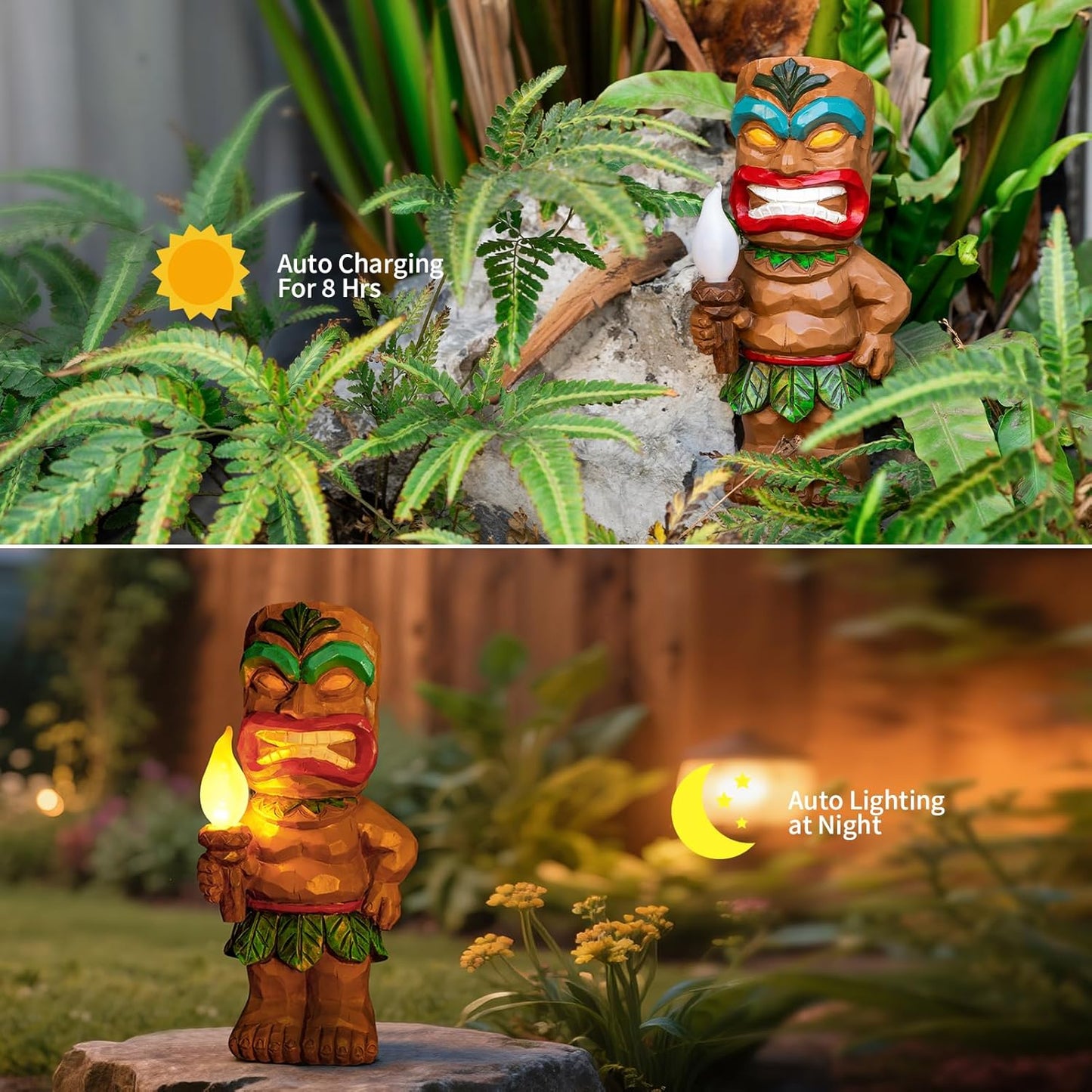 Solar Tiki Garden Statues Tiki Holding Torches with Flickering Flame LED Lights Bar Porch Lawn Yard Outdoor Decorations Christmas Thanksgiving Birthday Gardening Gift for Mom Women