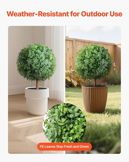 VEVOR Artificial Topiary Boxwood Trees with Ground Spike, 27 inch 2 Set Faux Shrubs & Bushes Potted Plants, Fake Silk Tree Look Real for Decor Front Porch Outdoor Indoor Patio Garden Balcony Backyard