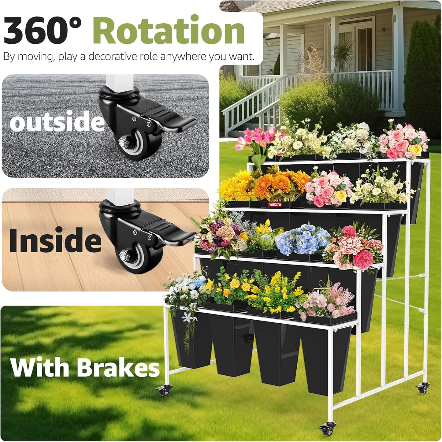 Flower Display Stand 4 Layers with 16 PCS Square Buckets, Plant Stand with Wheels, Movable Metal Plant Stand for Terrace Garden, Living Room, Florist Shop