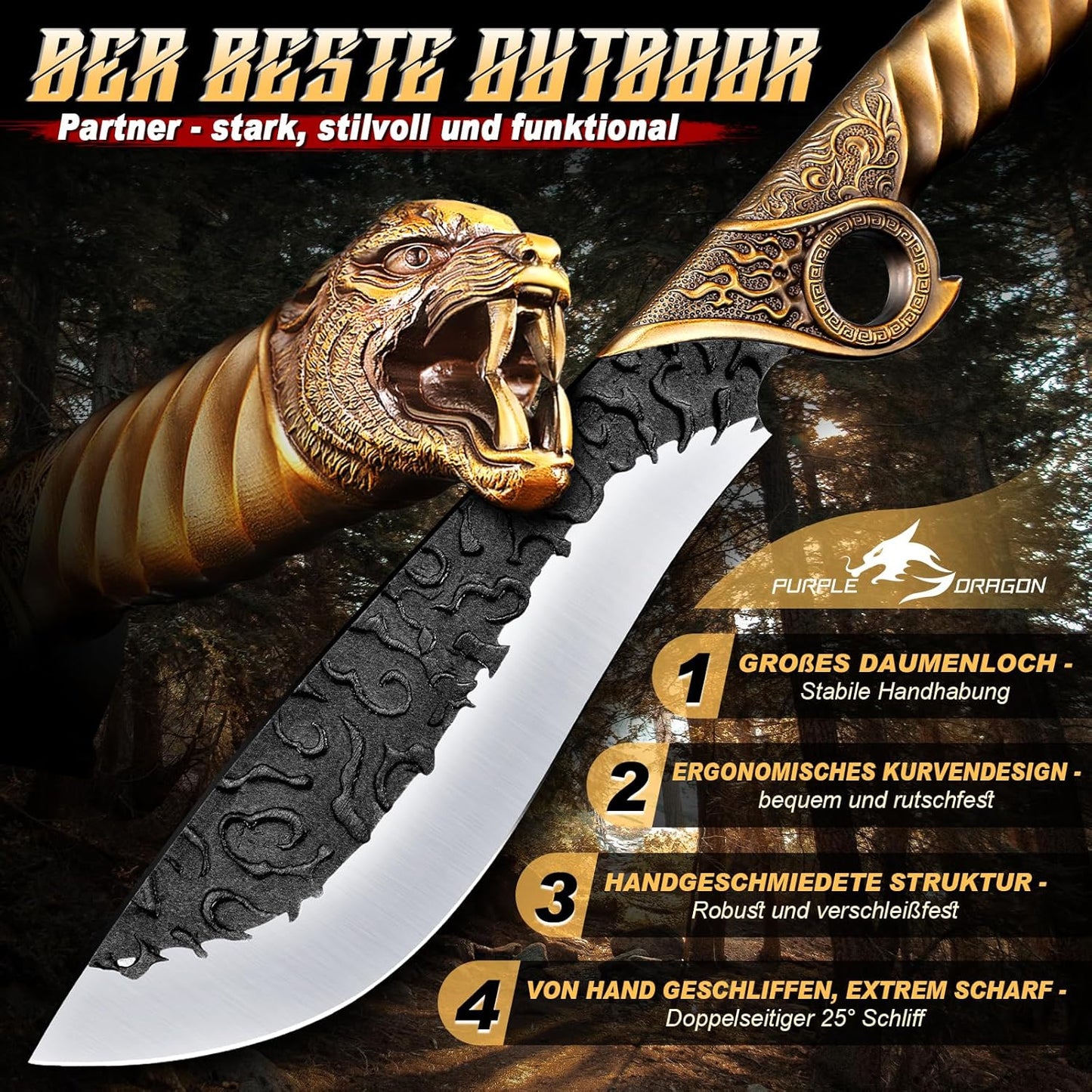 Purple Dragon Heavy Duty Machete for Cutting Trees – Japanese Forged Survival Machete with Tiger Head Handle, Gardening Machetes with Leather Sheath, Yard Work & Outdoor Camping Machetes