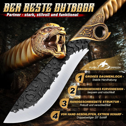 Purple Dragon Heavy Duty Machete for Cutting Trees – Japanese Forged Survival Machete with Tiger Head Handle, Gardening Machetes with Leather Sheath, Yard Work & Outdoor Camping Machetes