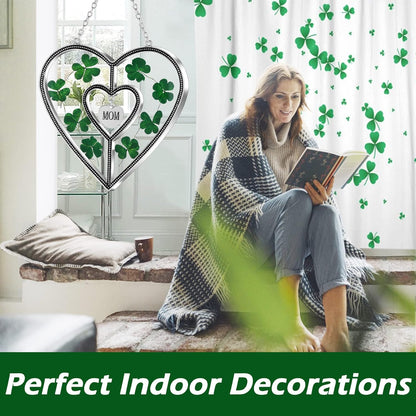 KY&Bosam Irish Shamrock Heart Suncatcher Mom Gifts Glass Suncatchers for Windows hangings Wind Chime Ornament with Pressed Flower Heart Gift for Women St Patrick's Day Decoration Irish