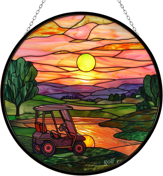 Golf Cart Stained Glass Window Hanging Sun Catcher Halloween Haning Ornament Decoration Christmas