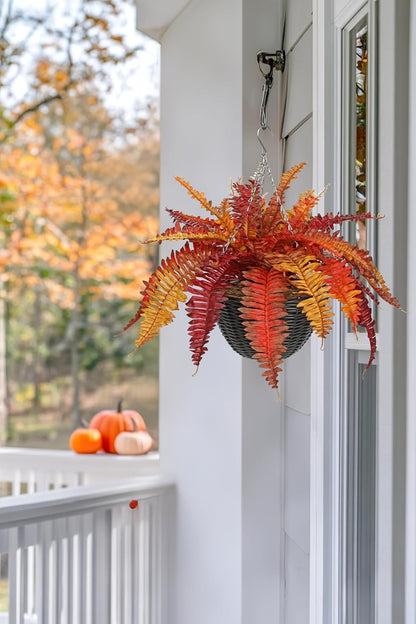 Hollyone Fall Artificial Fern Fall Hanging Baskets Outdoor Indoor Silk Plant Boston Ferns Autumn Potted Plants with Black Rattan Pot for Fake Fern Bush Plant Patio Garden Farmhouse Home Decor Orange