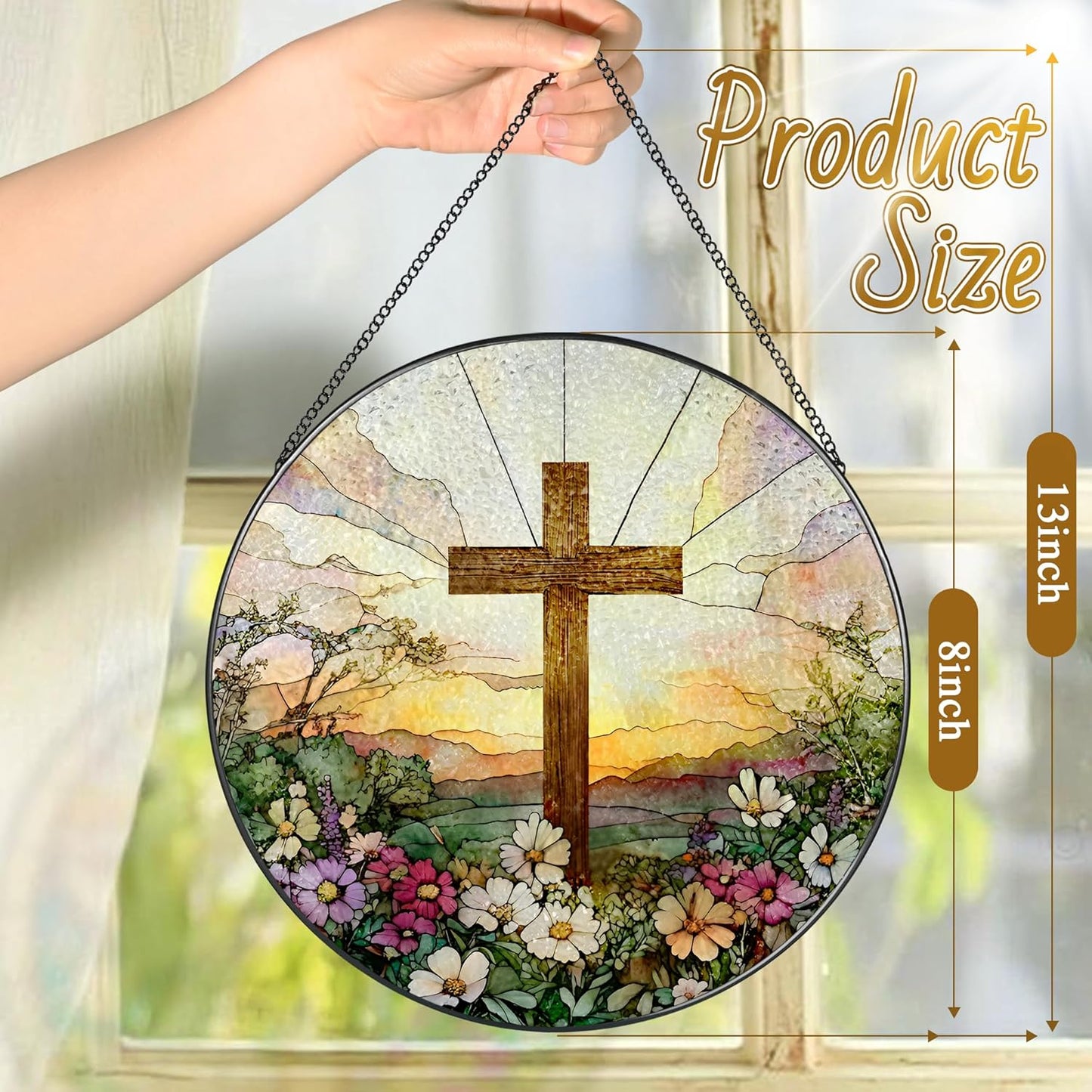 8 Inch Stained Glass Cross & Wildflowers Suncatcher Christian Hanging Ornament Gift for Religious Occasions