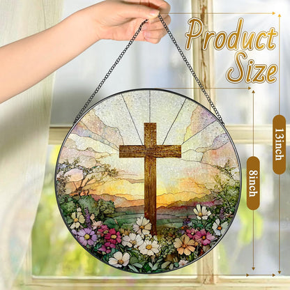 8 Inch Stained Glass Cross & Wildflowers Suncatcher Christian Hanging Ornament Gift for Religious Occasions