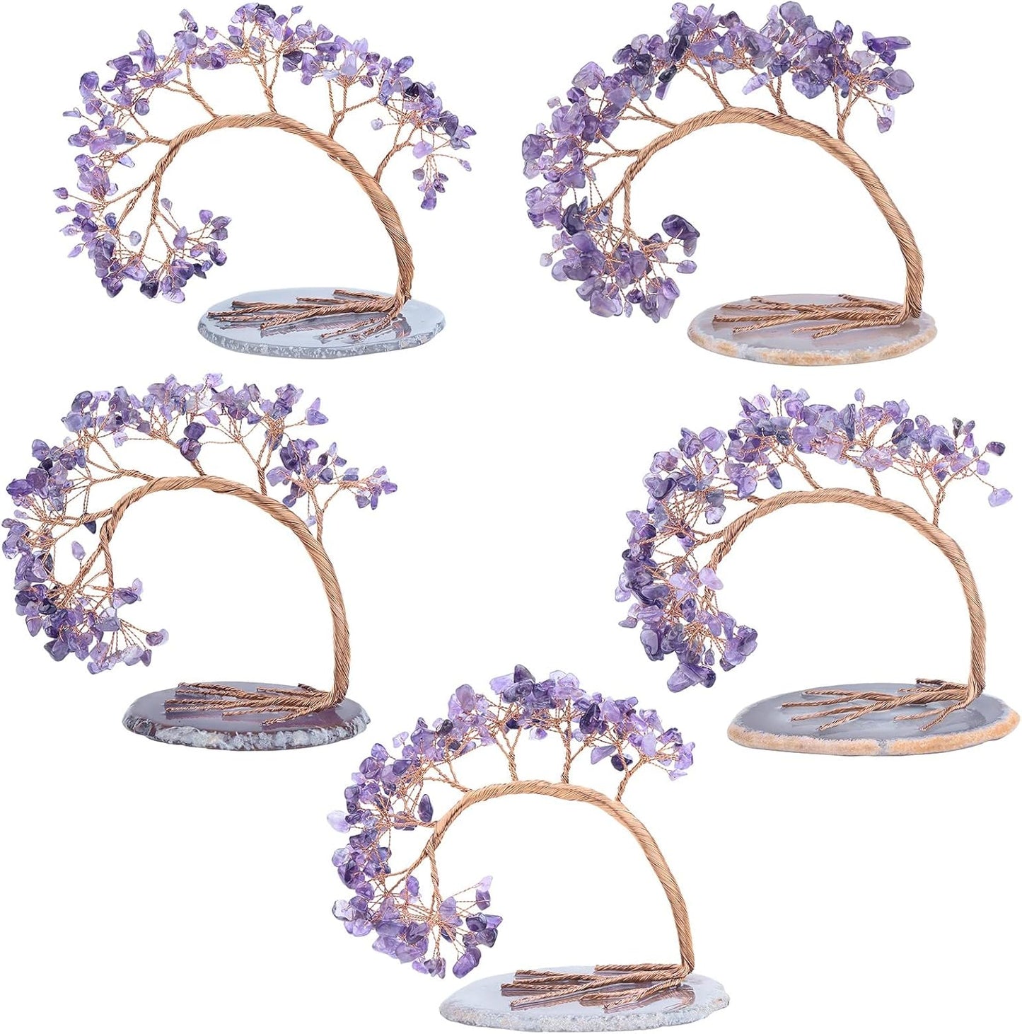 TUMBEELLUWA Reiki Crystal Money Tree with Agate Slice Base Feng Shui Stone Bonsai Tree Figure Decor for Happiness Good Luck and Wealth, Amethyst Stones