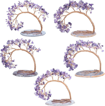 TUMBEELLUWA Reiki Crystal Money Tree with Agate Slice Base Feng Shui Stone Bonsai Tree Figure Decor for Happiness Good Luck and Wealth, Amethyst Stones