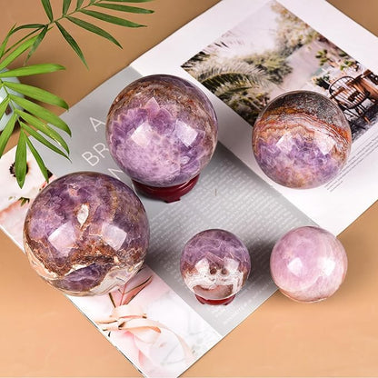 JIC Gem Large Healing Crystal Sphere Ball with Wooden Stand Amethyst Agate Crystal Decorative Ball Meditation Feng Shui Decor 90-100mm