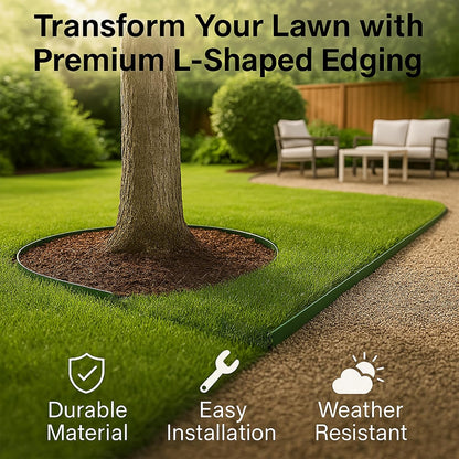 Garden Edging Kit for Landscaping 32ft L Shaped Border 2 Inch Tall Flexible Plastic Includes 50 Metal Stakes Plus Installation Hammer for Flower Beds Lawn and Yard