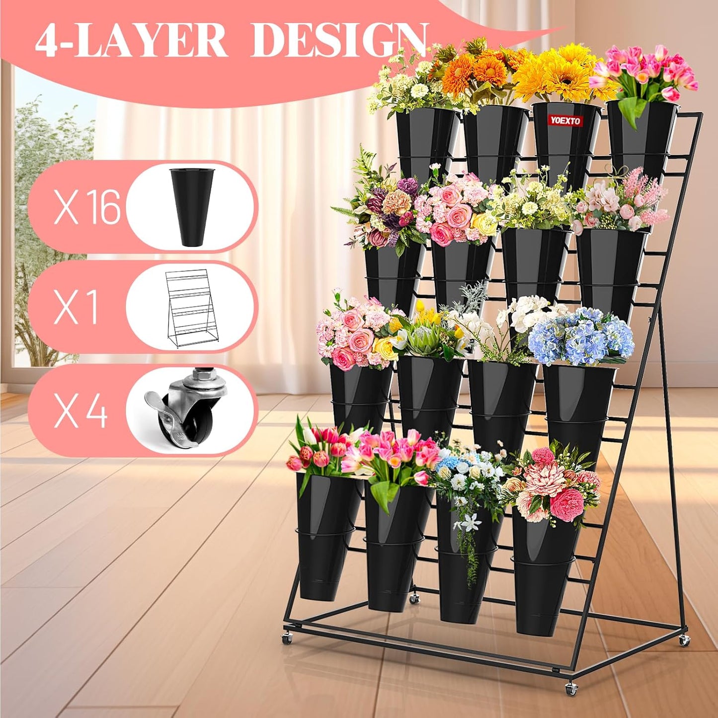 Flower Display Stand with Buckets, 4 Layers 16 PCS Buckets Plant Stand with Wheels, Movable Metal Plant Stand for Terrace Garden, Living Room, Florist Shop (Black Frame - Black Buckets, 4-Tier)
