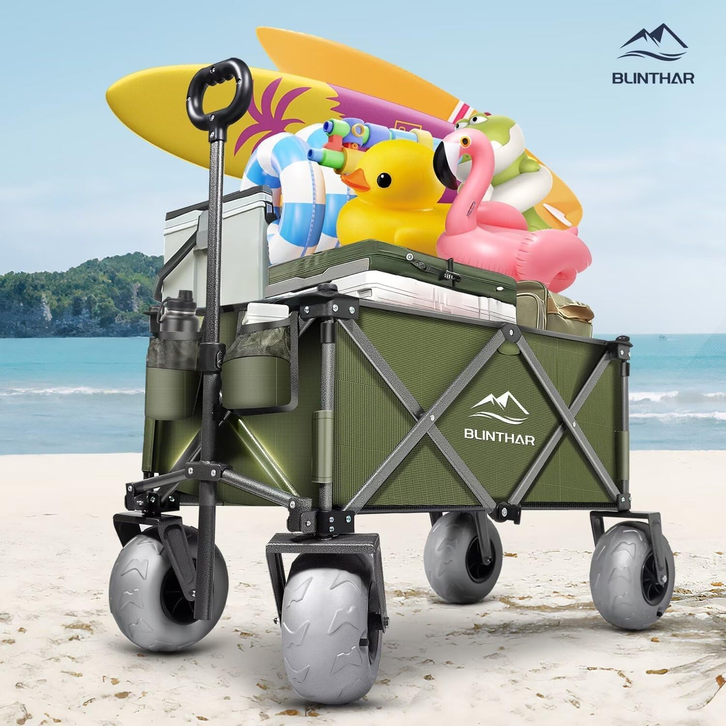 Beach Wagon with Big Wheels for Sand, Heavy Duty Harder Sand Collapsible Folding Wagon with All-Terrain 9" Pneumatic Ballon Tires, Utility Wagon for Garden Sports Camping Outdoor Activities