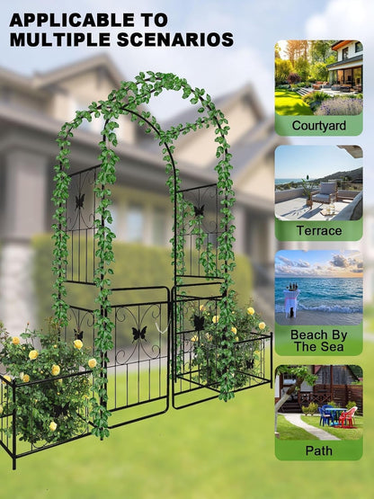 Kalolary Garden Arch with Gate and Plant Box, Heavy Duty Metal Butterfly Garden Arbor for Climbing Plant Raised Bed Rose Vines Climbing Support for Lawn Backyard Patio Outdoor Decor (86.6"x79.8"x20")