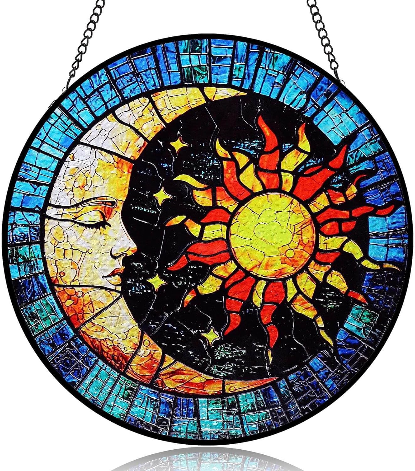 Sun and Moon Suncatcher Stained Glass Window Hanging | 8" Round Vibrant Sun Catchers Indoor Window & Wall Art Decor | Stain Glass Panel Gift for Women | Birthday & Housewarming Gifts