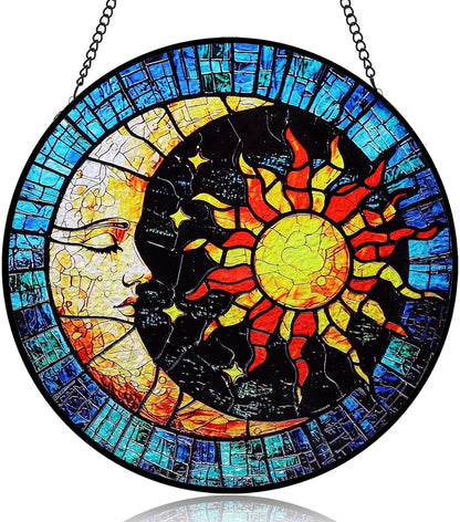 Sun and Moon Suncatcher Stained Glass Window Hanging | 8" Round Vibrant Sun Catchers Indoor Window & Wall Art Decor | Stain Glass Panel Gift for Women | Birthday & Housewarming Gifts