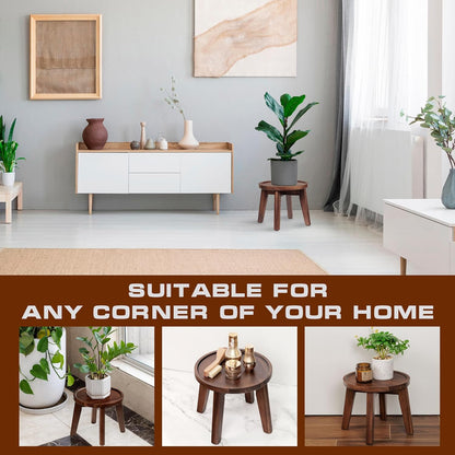 Demigo Indoor Plant Stand, Acacia Wooden Decorative Plant Shelf with Spill-Proof Tray, Stable 8” Tall Flower Holder for Heavy Pots, Gardening Display for Decor Living Room Patio - Dark Brown