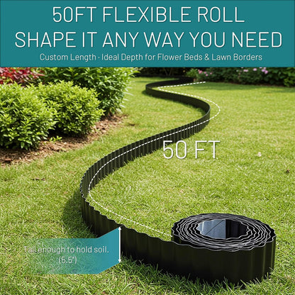 50FT Black Corrugated Metal Landscape Edging – Flexible & Rustproof Garden Edging Border, Decorative Metal Trim for Flower Beds, Lawn, Driveway, Walkway & Raised Beds