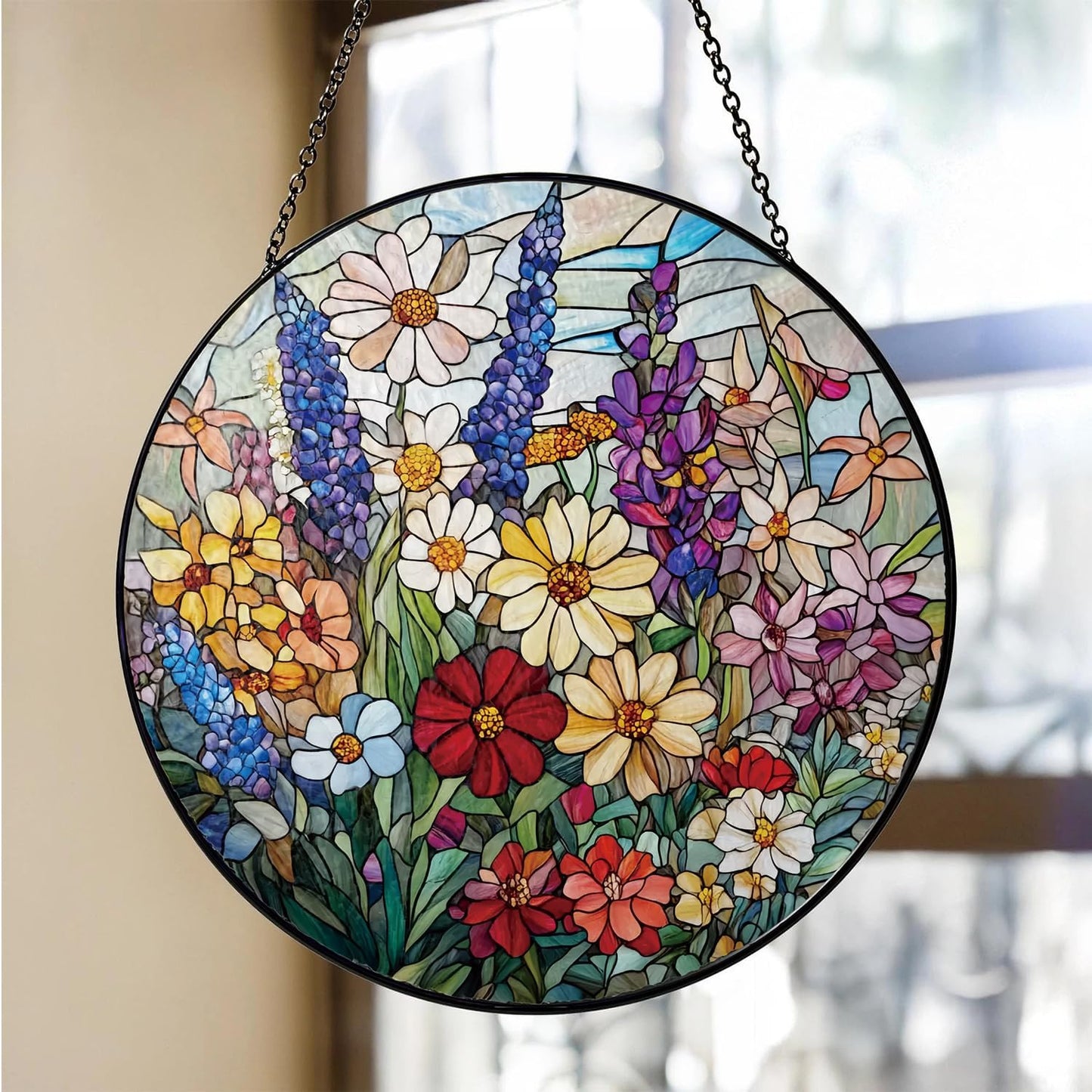 Colorful Wildflowers Suncatcher -7.9 in Stained Glass Window Hanging Sun Catcher Garden Decor