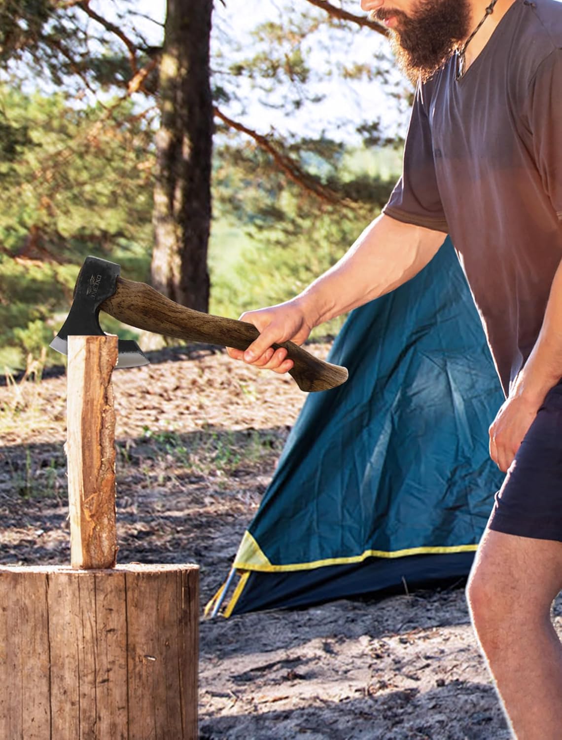 The Berserker - Camping Hatchet - Bushcraft Axe for Wood Chopping Carving- 15.7" Hand Axe with Leather Sheath