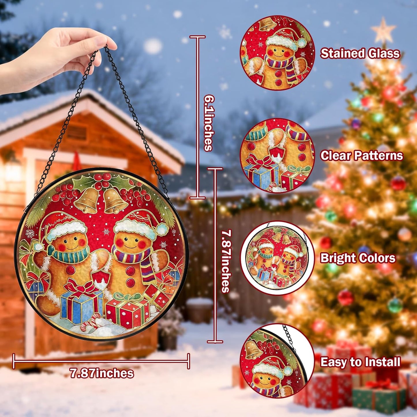 Christmas Decorations Stained Glass Window Hanging, Gingerbread Candy Cane Christmas Suncatcher for Window Hanging, Suncatchers Indoor Windows Wall Art for Mom Grandma, for Home Office 7.87 inches