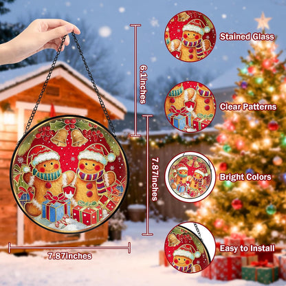 Christmas Decorations Stained Glass Window Hanging, Gingerbread Candy Cane Christmas Suncatcher for Window Hanging, Suncatchers Indoor Windows Wall Art for Mom Grandma, for Home Office 7.87 inches