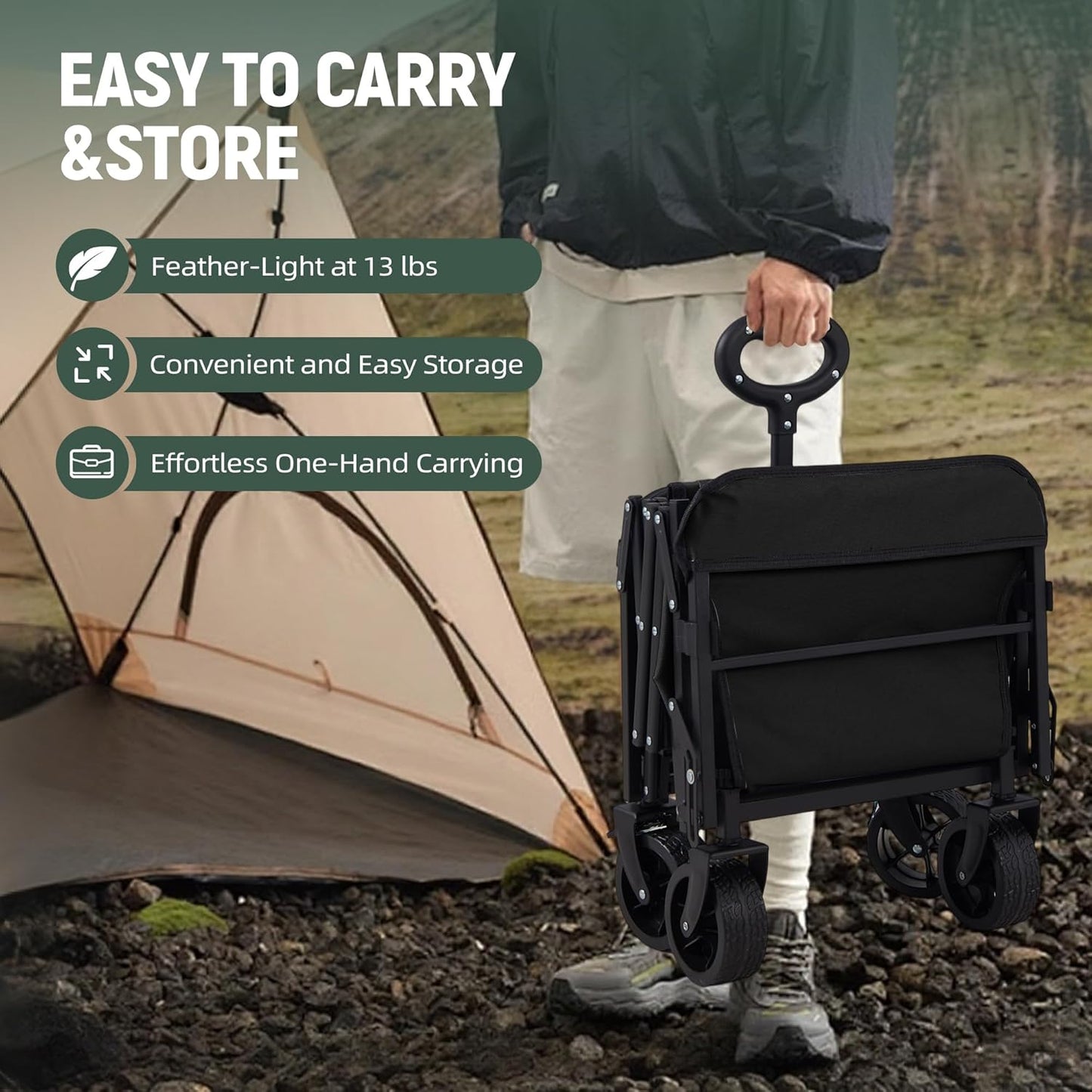 40'' Extra Long Collapsible Wagons Carts Foldable, 360LBS Foldable Wagon Cart with Wheels, Heavy Duty Portable Utility Wagon for Grocery, Shopping, Sports Garden & Camping - Black