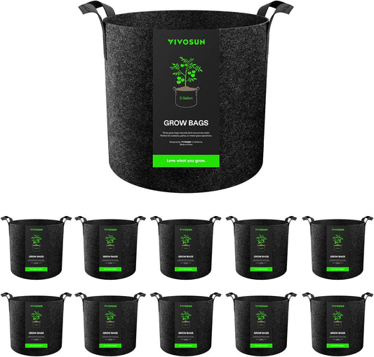 VIVOSUN 10-Pack 3 Gallon Grow Bags, Reinforced Planter Fabric Pots for Gardening Black
